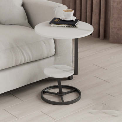 Round Iron Rock Slab End Table — Black Frame + White Board