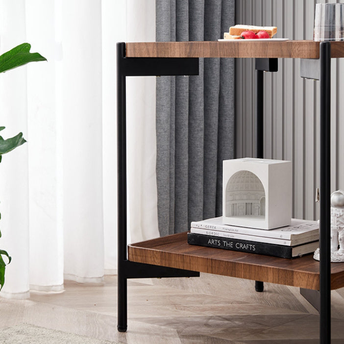 Minimalist Wood Metal 2-Tier Side Table — Walnut Color