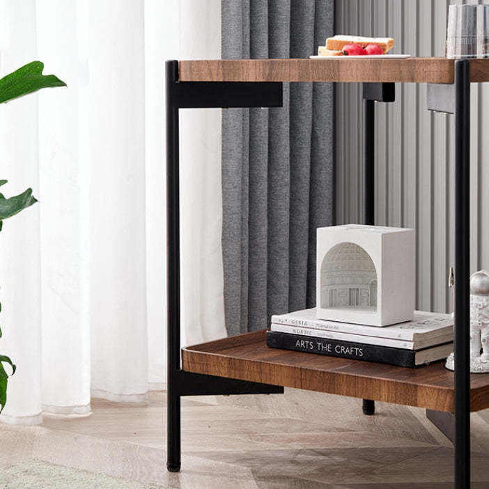 Minimalist Wood Metal 2-Tier Side Table — Walnut Color