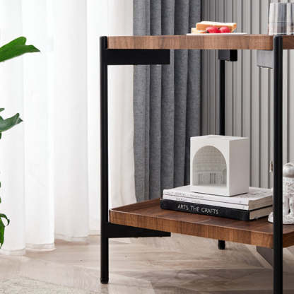 Minimalist Wood Metal 2-Tier Side Table — Walnut Color