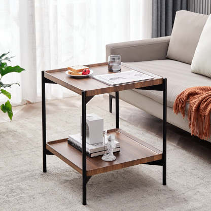 Minimalist Wood Metal 2-Tier Side Table