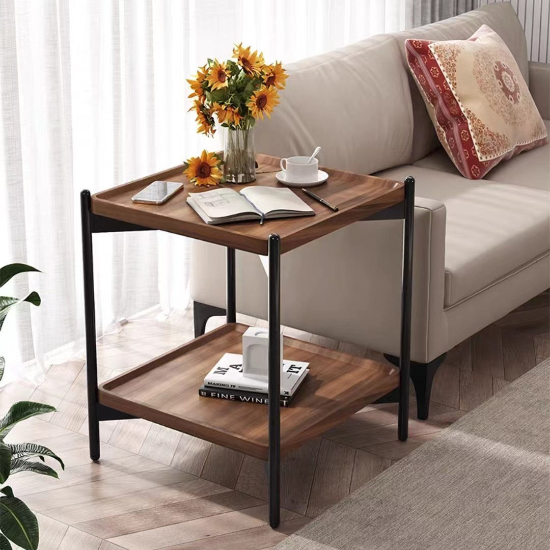 Minimalist Wood Metal 2-Tier Side Table — Walnut Color