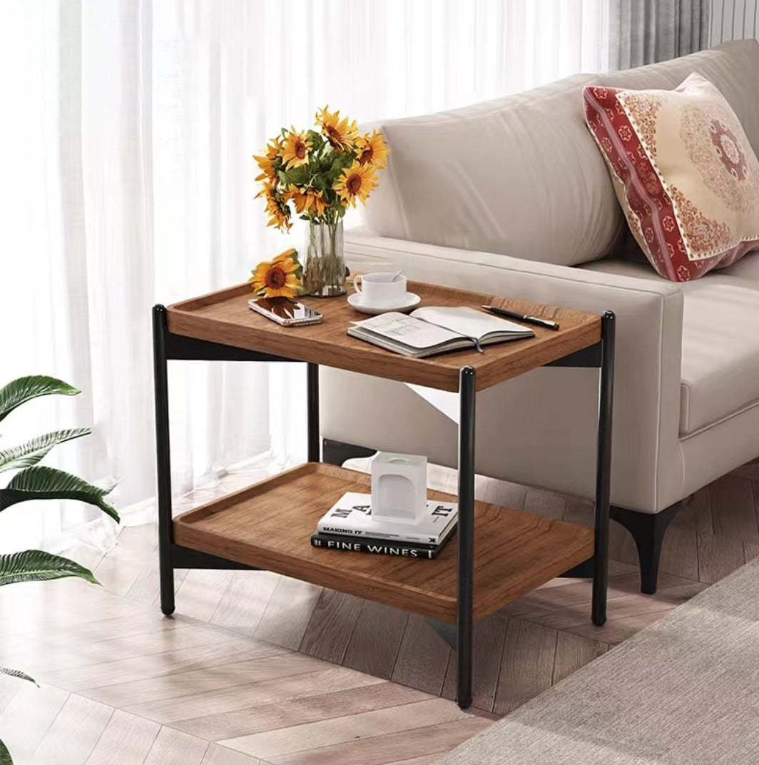 Minimalist Wood Metal 2-Tier Side Table