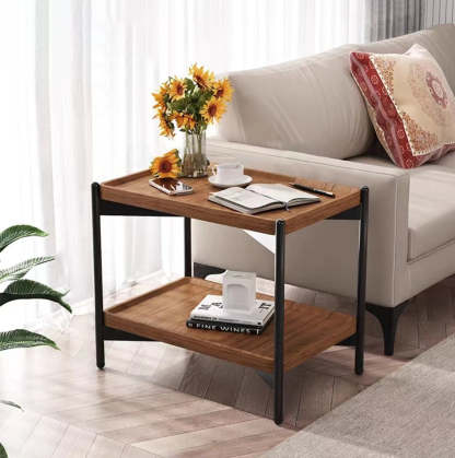 Minimalist Wood Metal 2-Tier Side Table