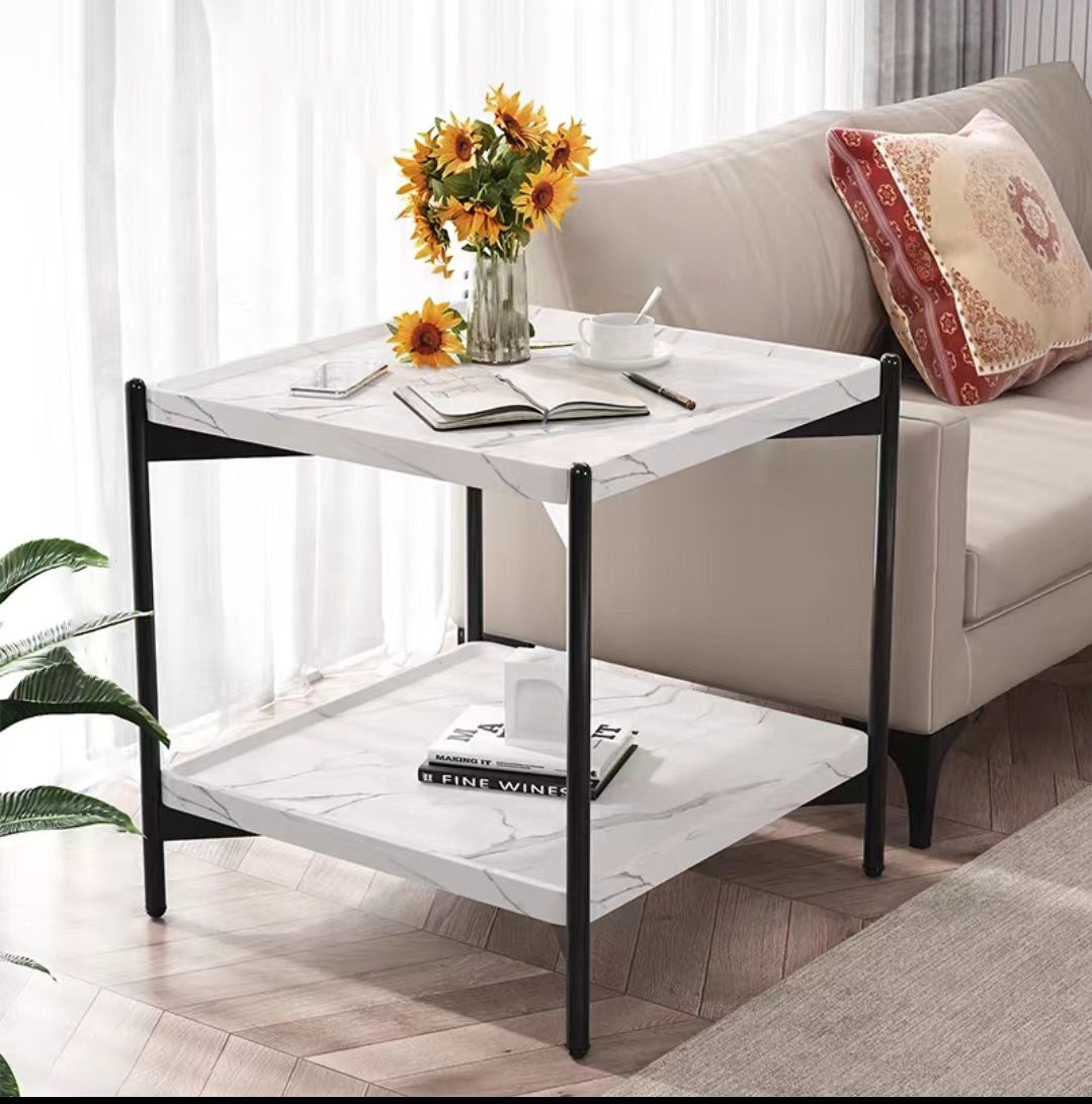 Minimalist Wood Metal 2-Tier Side Table — Black