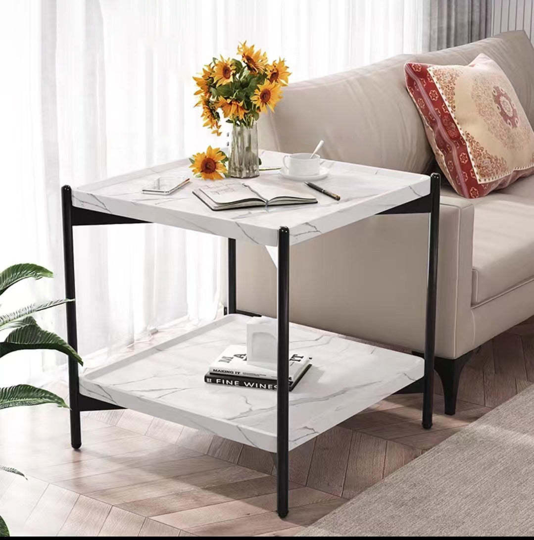 Minimalist Wood Metal 2-Tier Side Table — Black