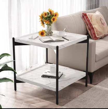 Minimalist Wood Metal 2-Tier Side Table — Black