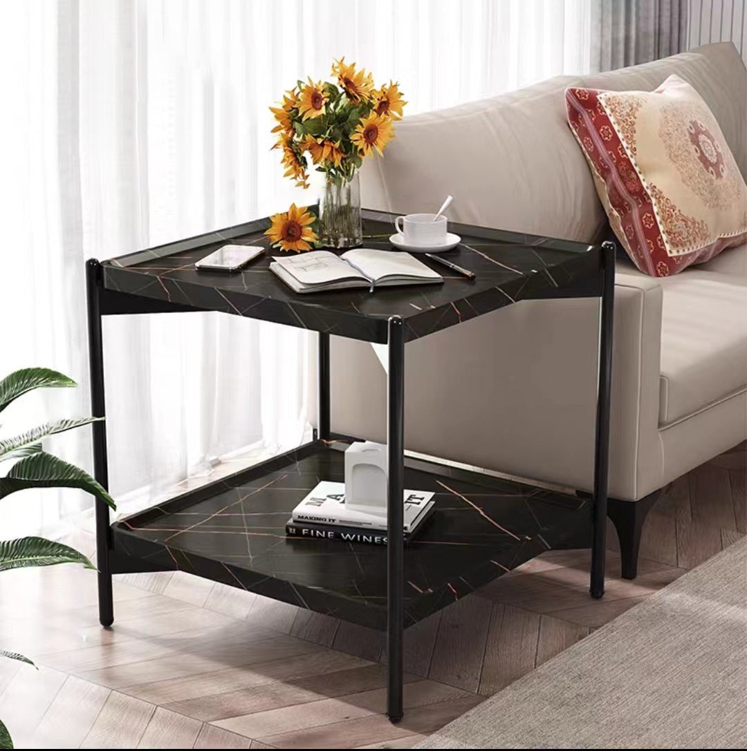 Minimalist Wood Metal 2-Tier Side Table — Walnut Color