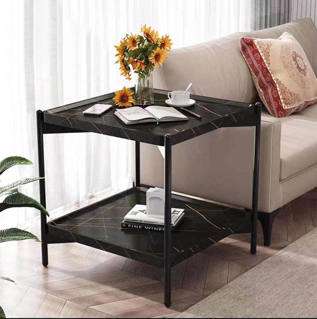 Minimalist Wood Metal 2-Tier Side Table — Walnut Color