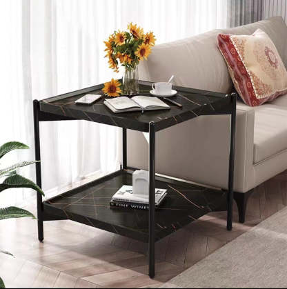 Minimalist Wood Metal 2-Tier Side Table — Walnut Color