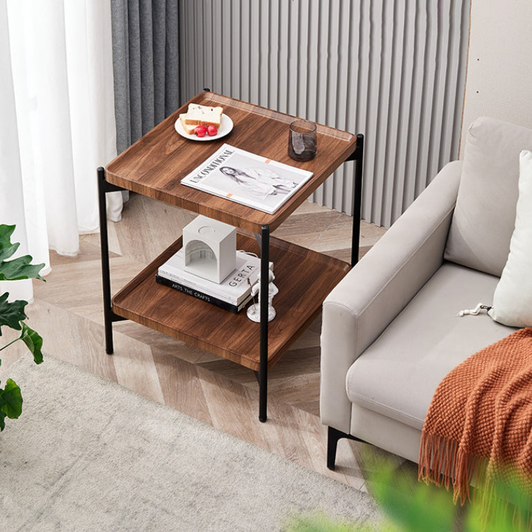 Minimalist Wood Metal 2-Tier Side Table — Black