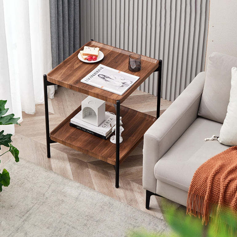 Minimalist Wood Metal 2-Tier Side Table — Black