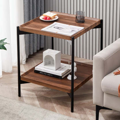 Minimalist Wood Metal 2-Tier Side Table — White
