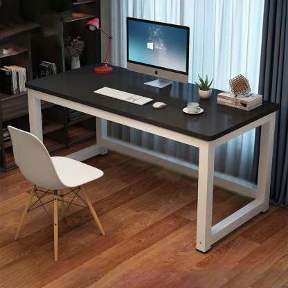 Minimalist Grain Plate Steel Desk — Teak Color Board + Black Leg
