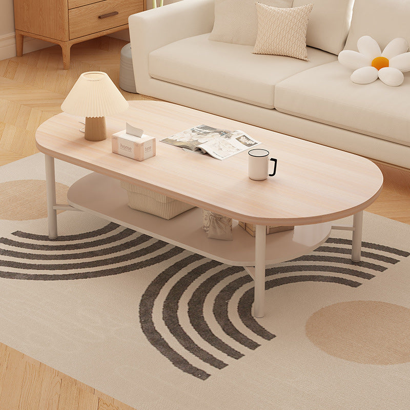 Minimalist Cream Oval Steel Engineered Wood Coffee Table — Original Wood Color