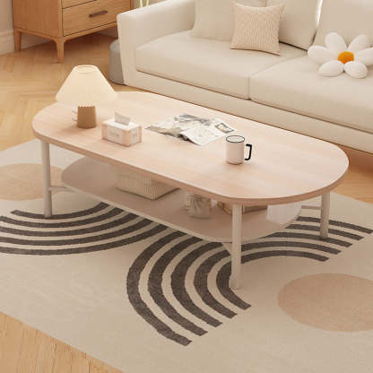 Minimalist Cream Oval Steel Engineered Wood Coffee Table — Original Wood Color