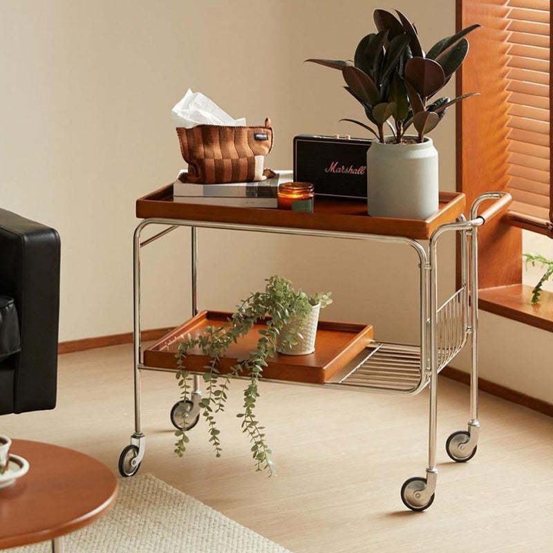 Vintage Wood Plywood Movable Side Table 2-Tier — Plywood / Black