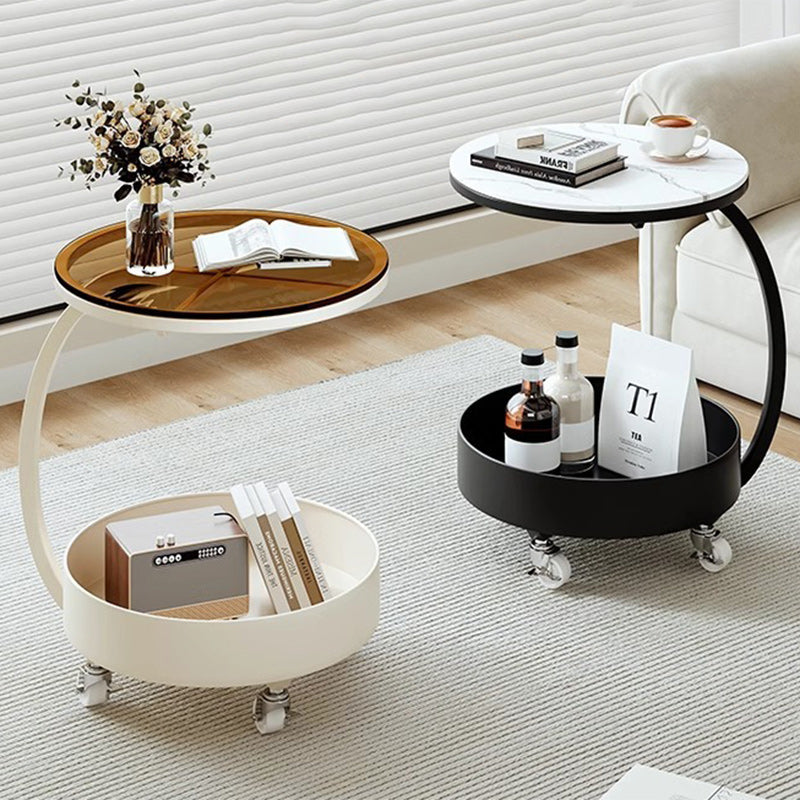 Minimalist Disc Glass Rock Slab Side Table — Black Frame + Rock Slab
