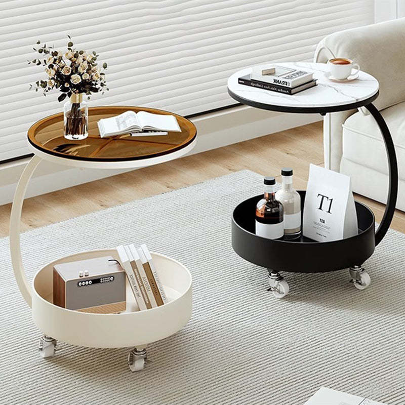 Minimalist Disc Glass Rock Slab Side Table — Black Frame + Rock Slab