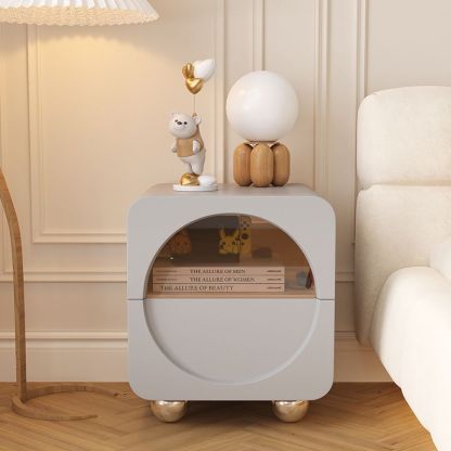 Scandinavian Cream Glass Wood Square Nightstand 2-Drawer — Gray