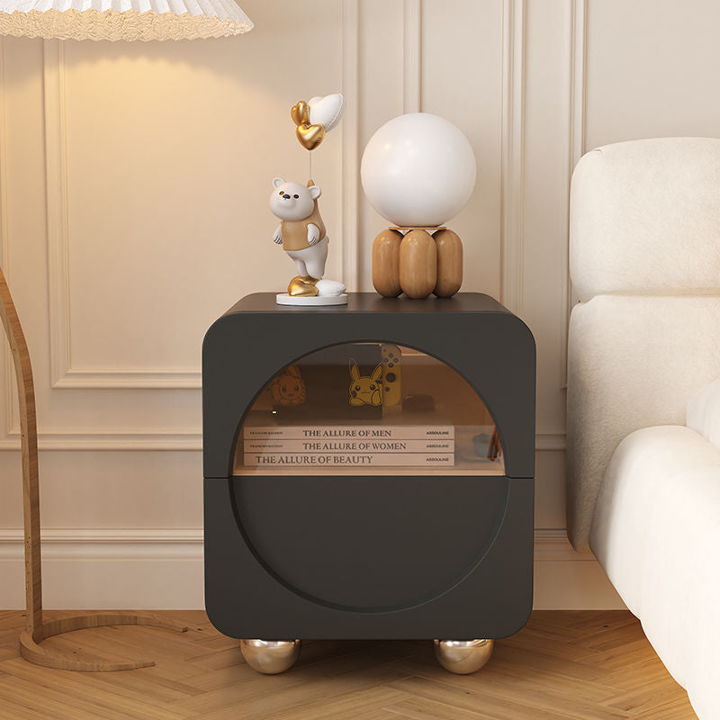 Scandinavian Napa Leather Glass Square Nightstand