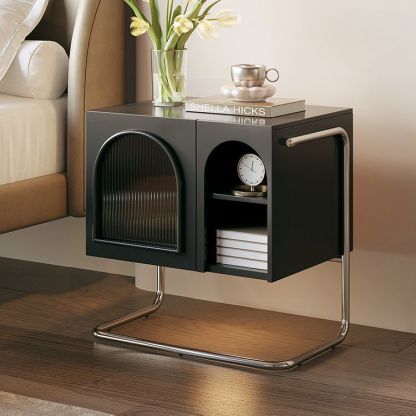 French Cream Glass Square Nightstand 1-Cabinet — Black