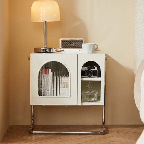 French Cream Glass Square Nightstand 1-Cabinet — Beige