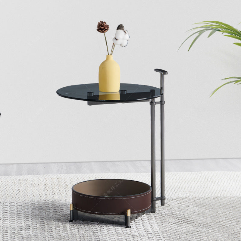 Scandinavian Cylinder Metal Glass Leather Side Table