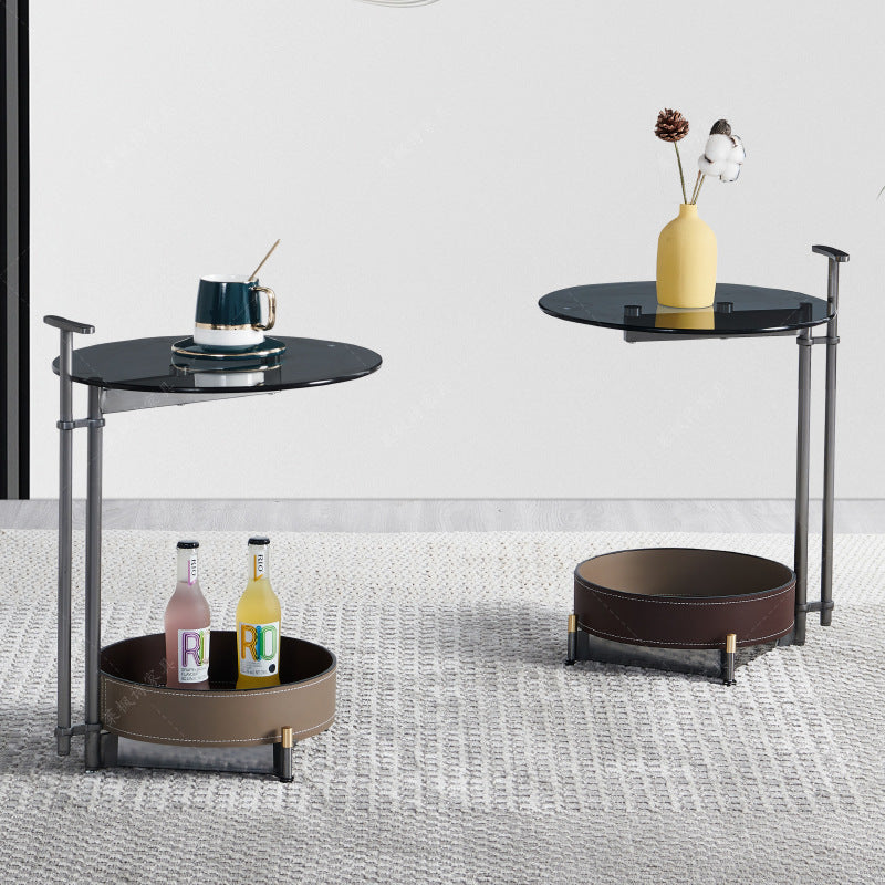 Scandinavian Cylinder Metal Glass Leather Side Table — Coffee Color