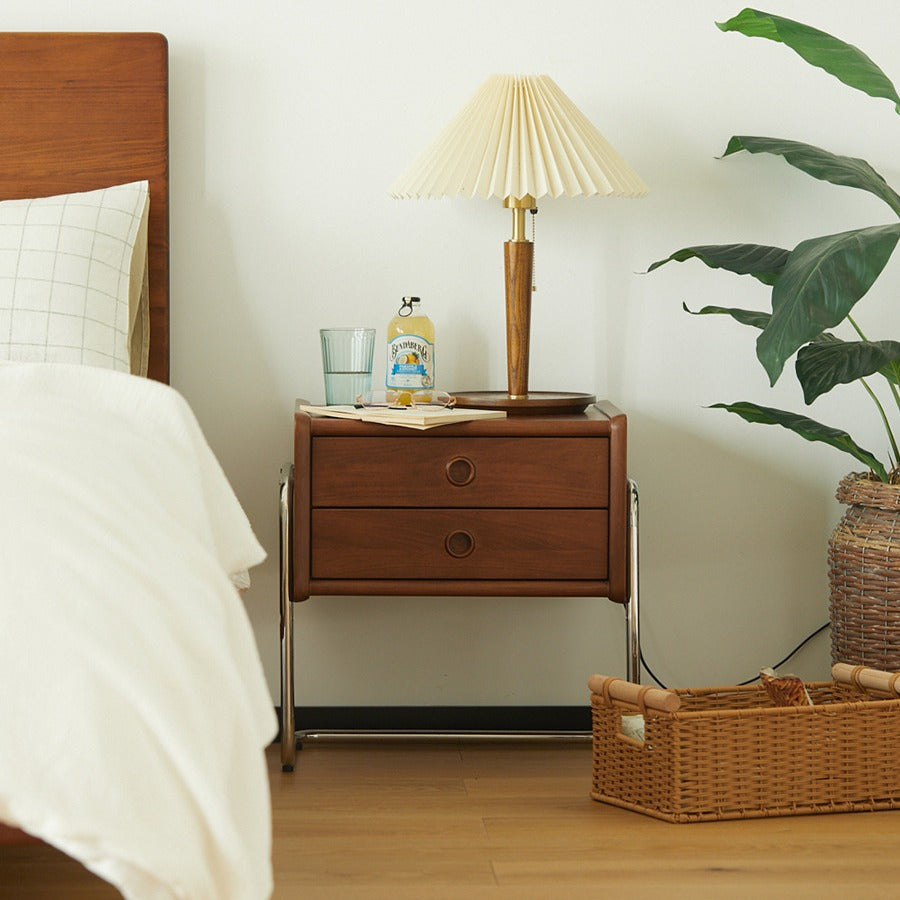 Vintage Wood Stainless Steel Nightstand 2-Drawer