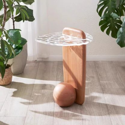 Scandinavian Oval Orb Oak Glass Side Table — Brown