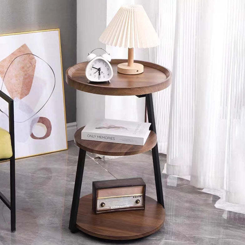 Minimalist Round Wood Steel 3-Tier Side Table