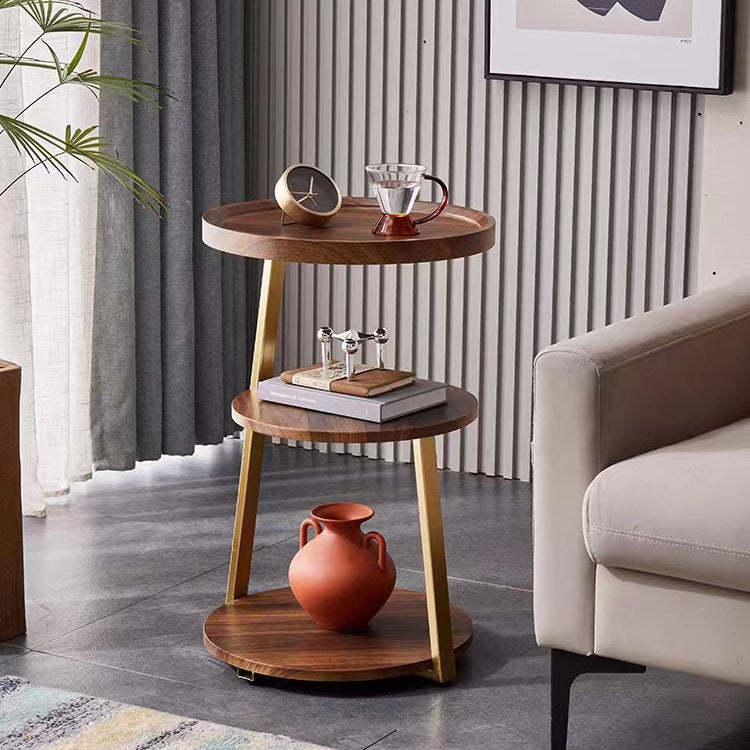 Minimalist Round Wood Steel 3-Tier Side Table — Walnut Color + Gold