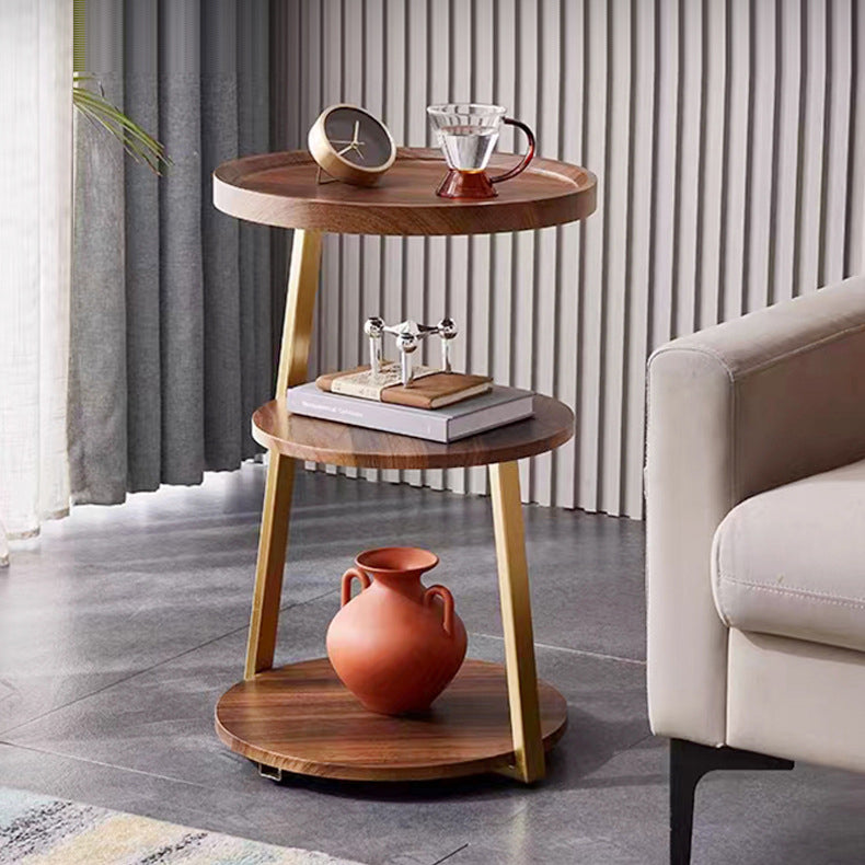Minimalist Round Wood Steel 3-Tier Side Table — Walnut Color + Black