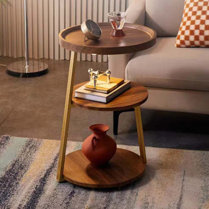 Minimalist Round Wood Steel 3-Tier Side Table