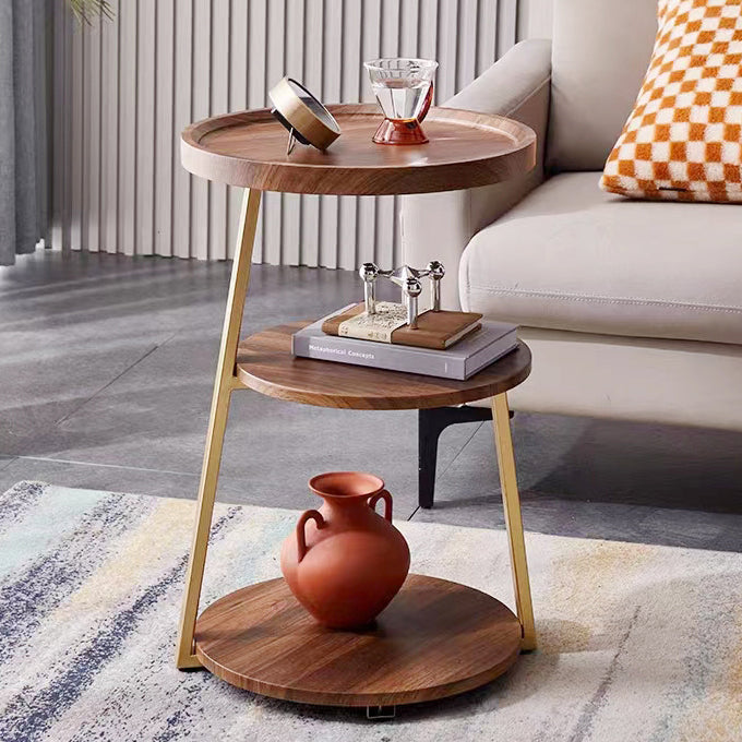 Minimalist Round Wood Steel 3-Tier Side Table