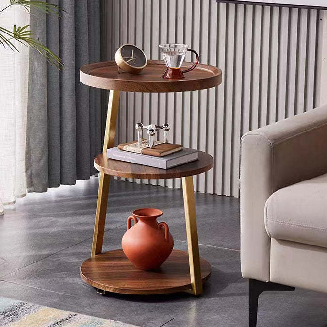 Minimalist Round Wood Steel 3-Tier Side Table