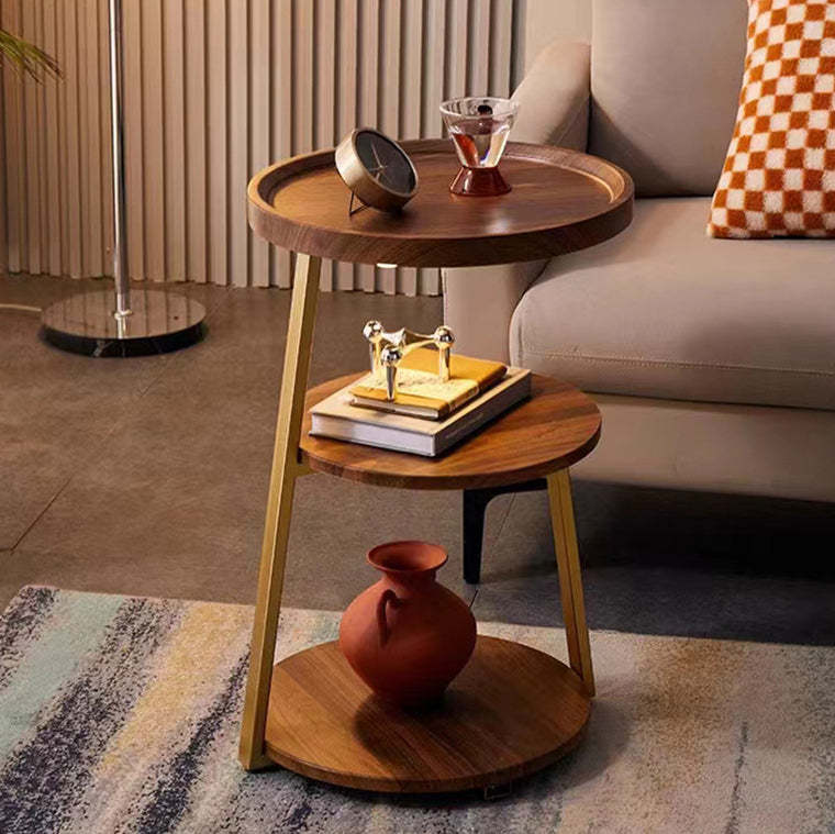 Minimalist Round Wood Steel 3-Tier Side Table
