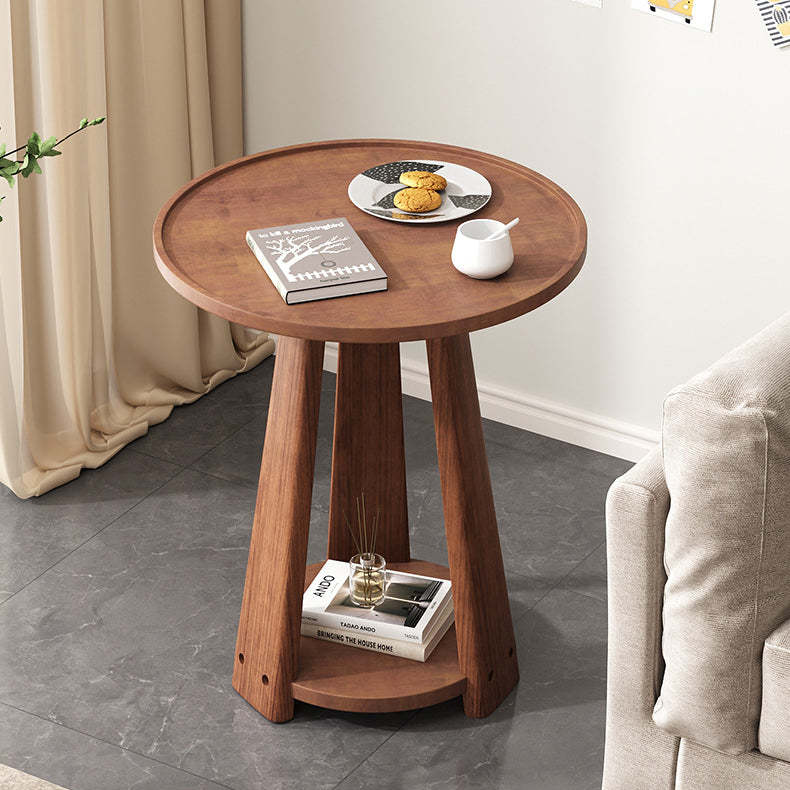 Minimalist Triangle Wood 2-Tier Side Table — Walnut Color