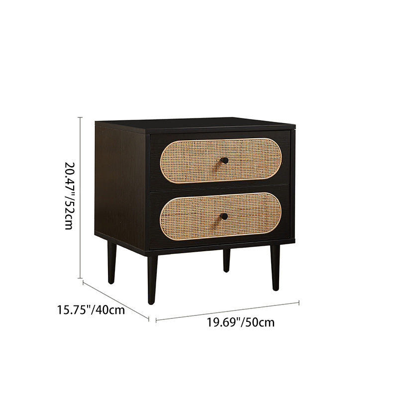 Mid-Century Wood Rattan Nightstand 2-Drawer