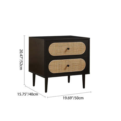 Mid-Century Wood Rattan Nightstand 2-Drawer