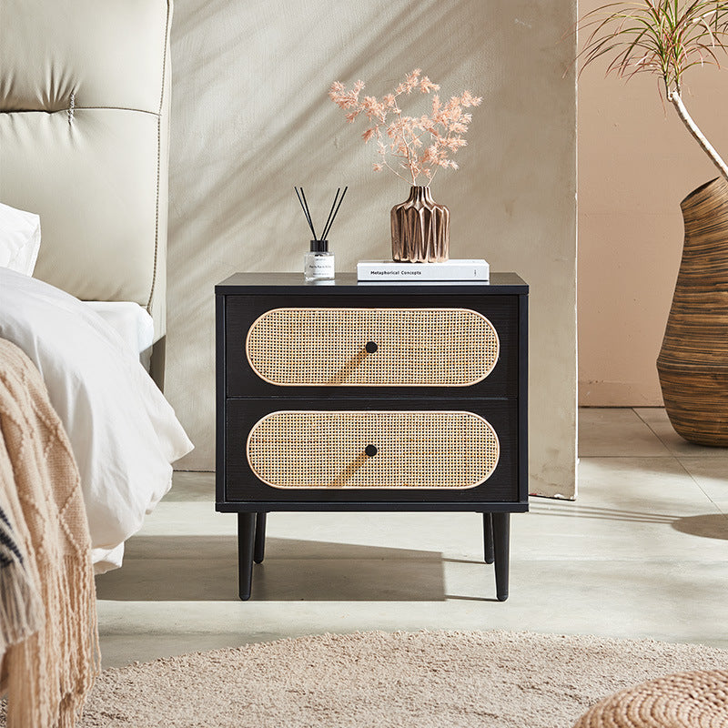Mid-Century Wood Rattan Nightstand 2-Drawer