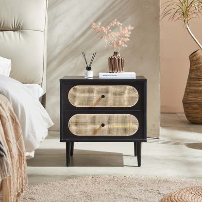 Mid-Century Wood Rattan Nightstand 2-Drawer — Black