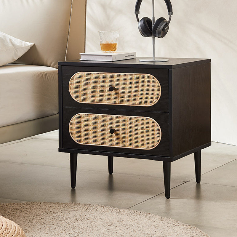 Mid-Century Wood Rattan Nightstand 2-Drawer