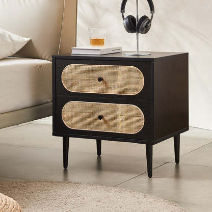 Mid-Century Wood Rattan Nightstand 2-Drawer
