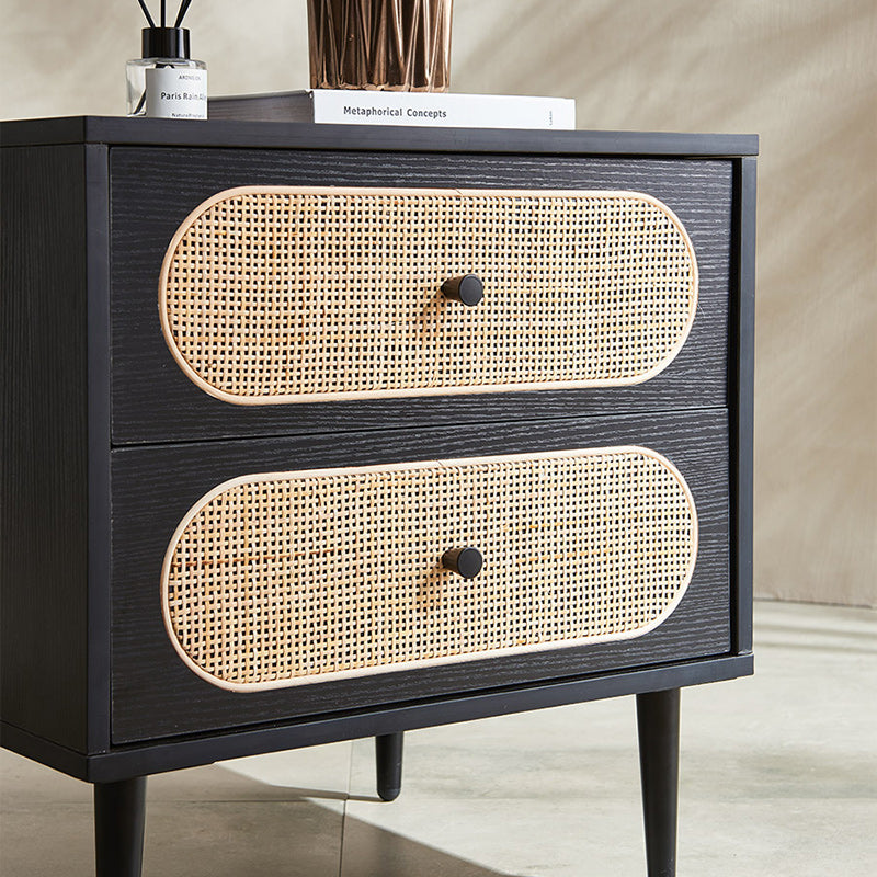 Mid-Century Wood Rattan Nightstand 2-Drawer