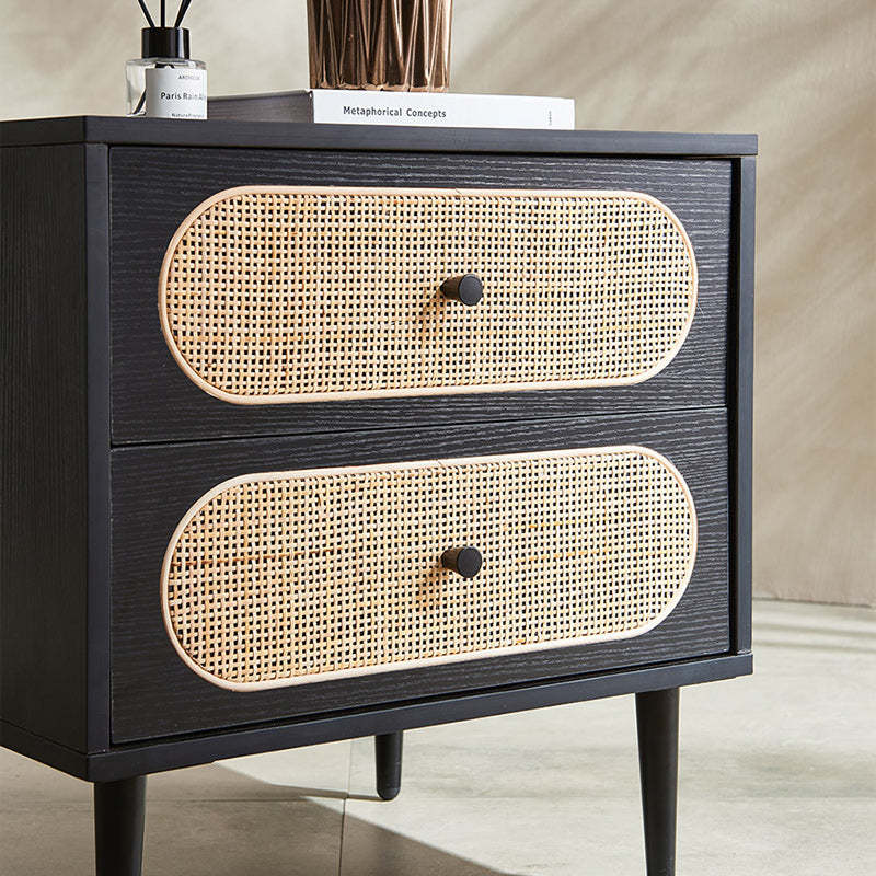 Mid-Century Wood Rattan Nightstand 2-Drawer
