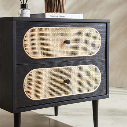 Mid-Century Wood Rattan Nightstand 2-Drawer