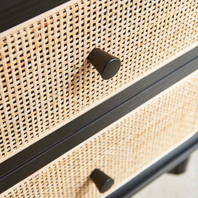 Mid-Century Wood Rattan Nightstand 2-Drawer