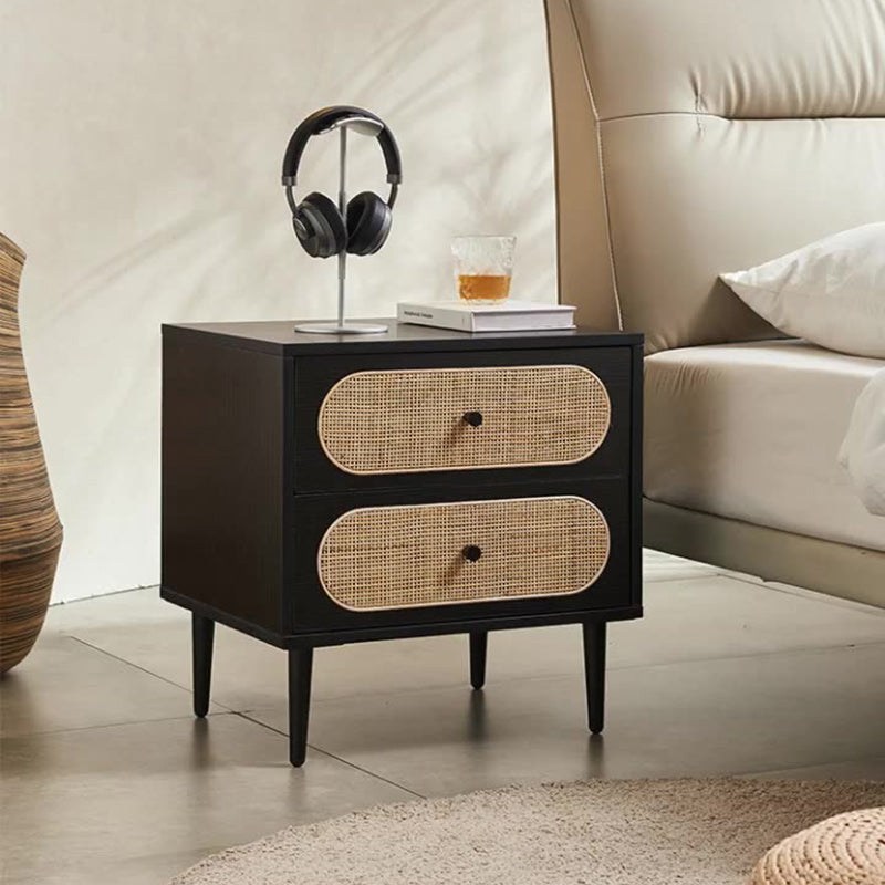 Mid-Century Wood Rattan Nightstand 2-Drawer